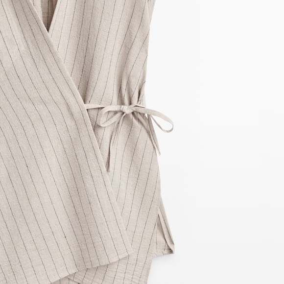 Massimo Dutti pinstripe wrap top linen cotton blouse natural fibers size small - Picture 8 of 17